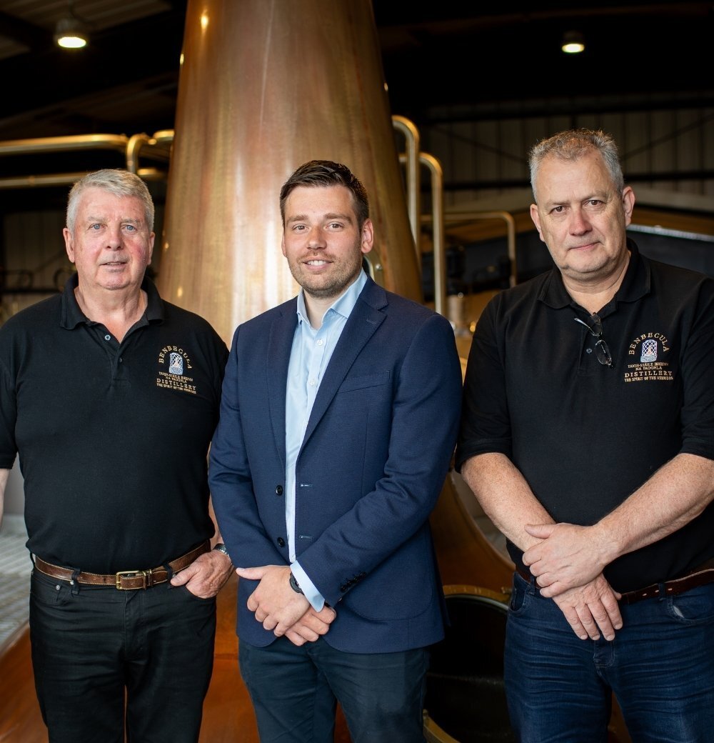 Angus MacMillan, Founder of Benbecula Distillery, Rob Stevenson, Investment Manager at Maven, Kenny Maclean, Product Manager at Benbecula Distillery