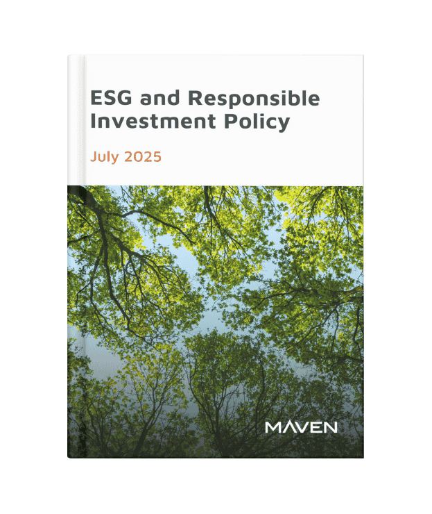 Front cover mock-up of Maven's ESG and Responsible Investment Policy